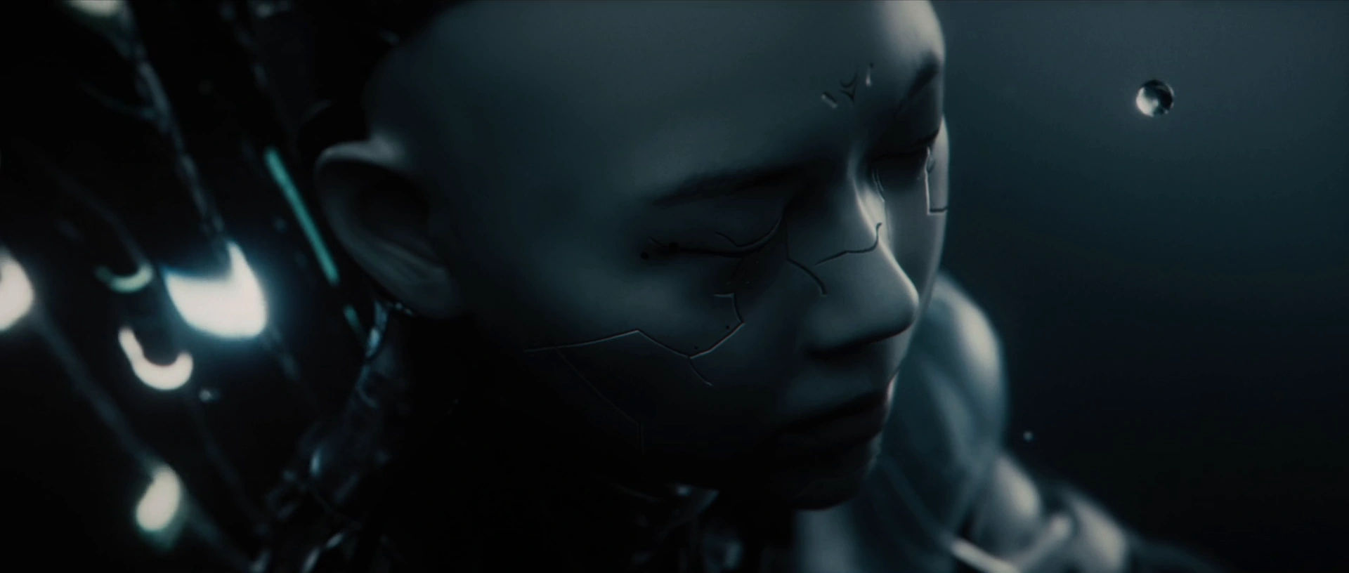 A silver face emerges between flowing reflective forms.