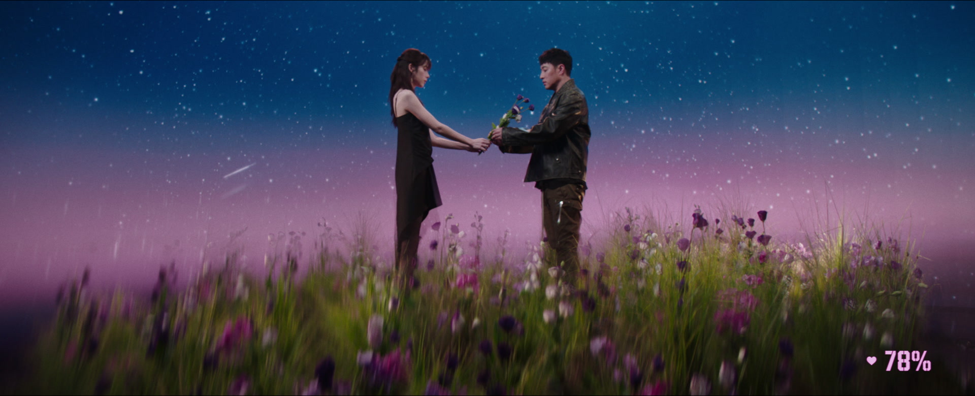 Will Pan and Charlize Lamb exchange flowers in a meadow beneath a pink and blue star field.