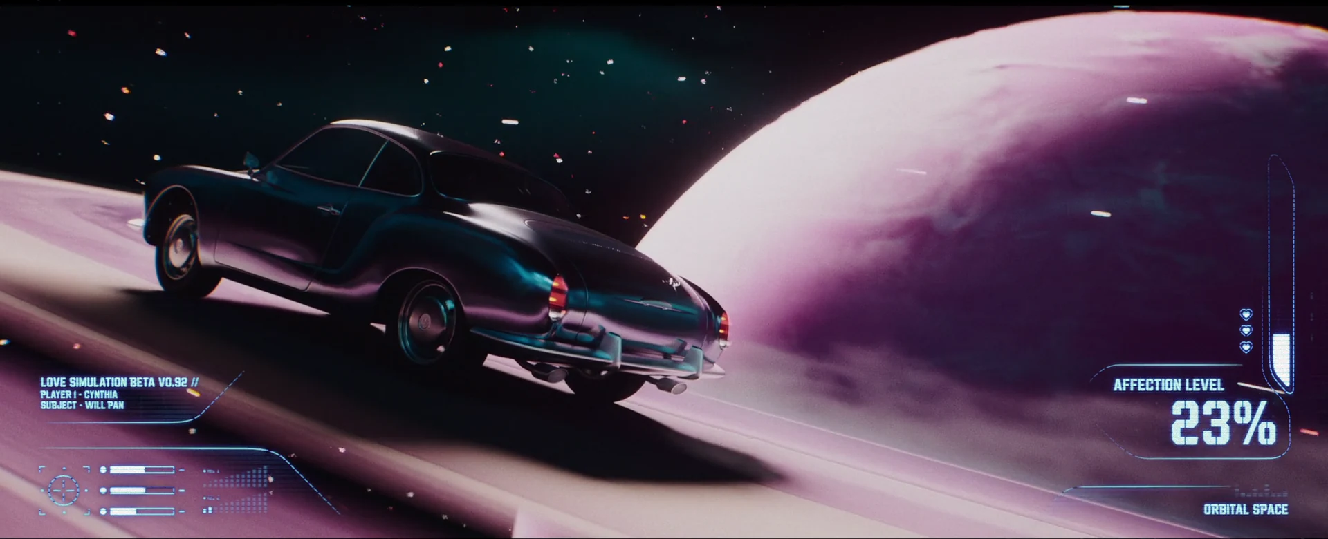 A vintage car follows the rings of a pink planet, retaining the film’s original game interface.