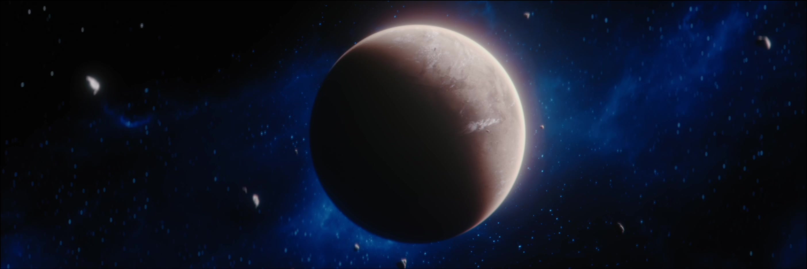A luminous planet hangs in a blue star field in Dreaming Out Loud.