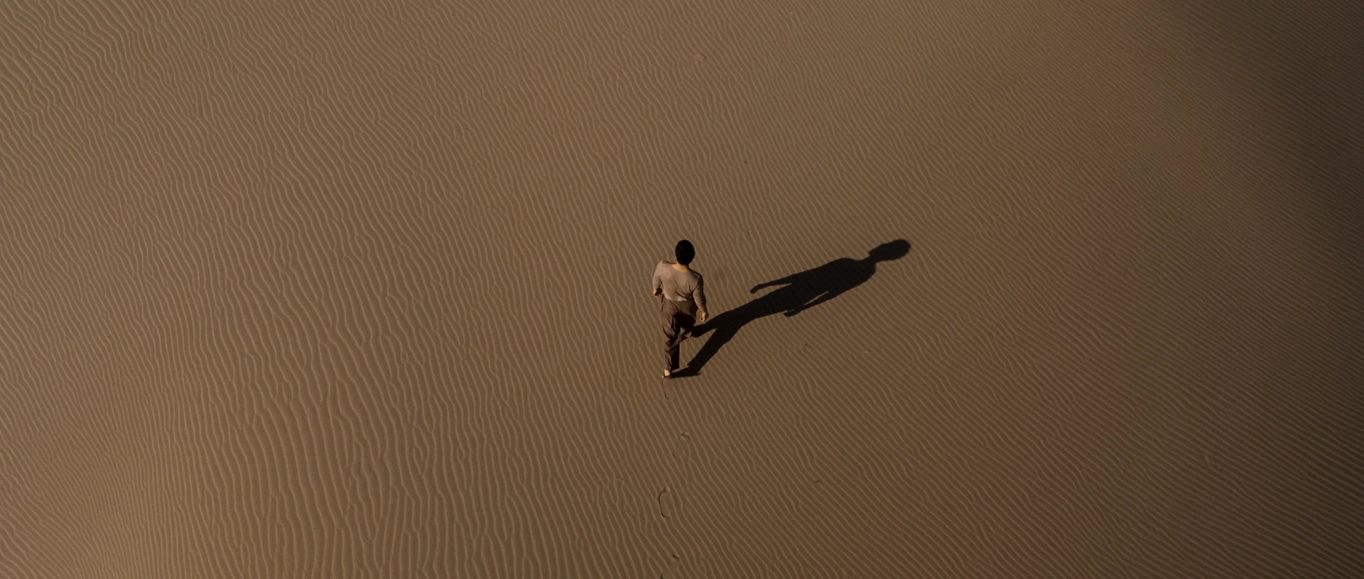 An overhead figure casts a long shadow across fine sand ripples.