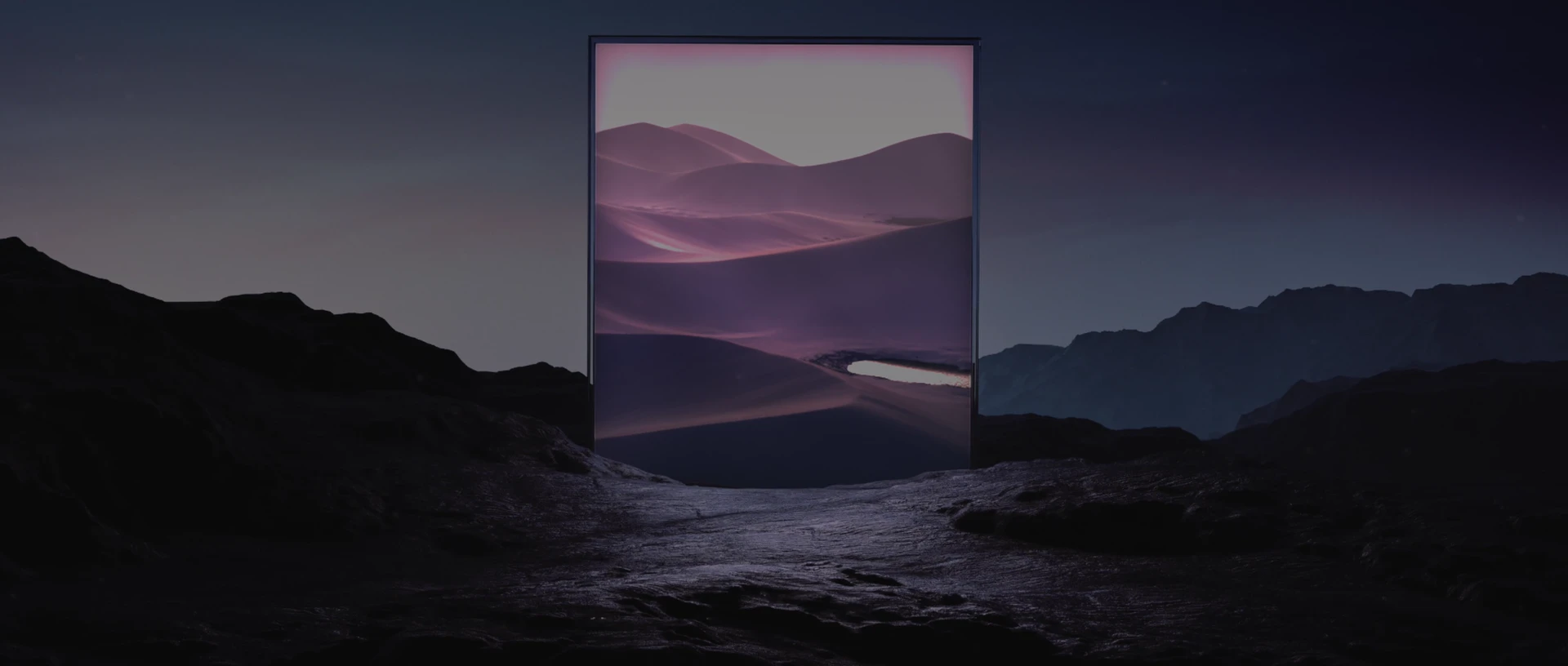 A luminous frame opens onto purple dunes above the dark coastal landscape.
