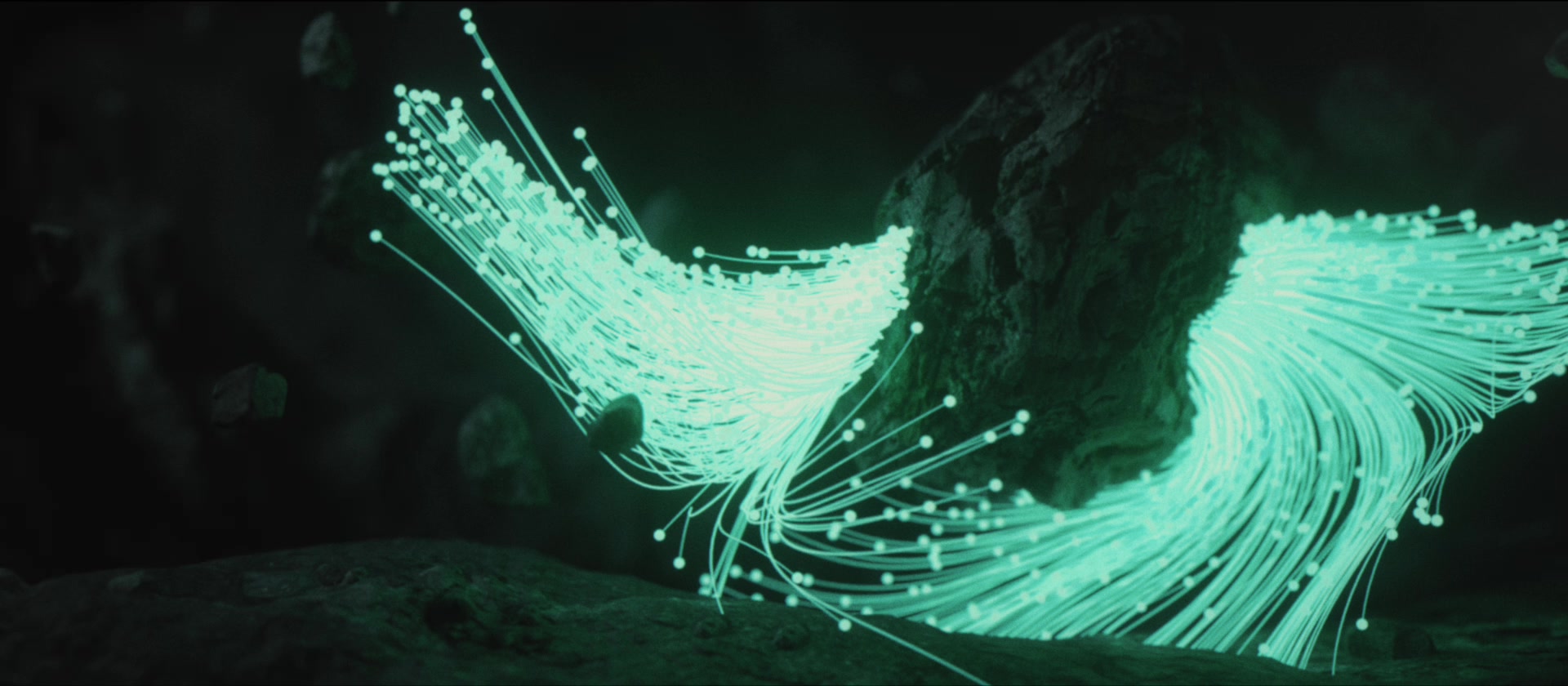 Luminous green ribbons in the rocky environment