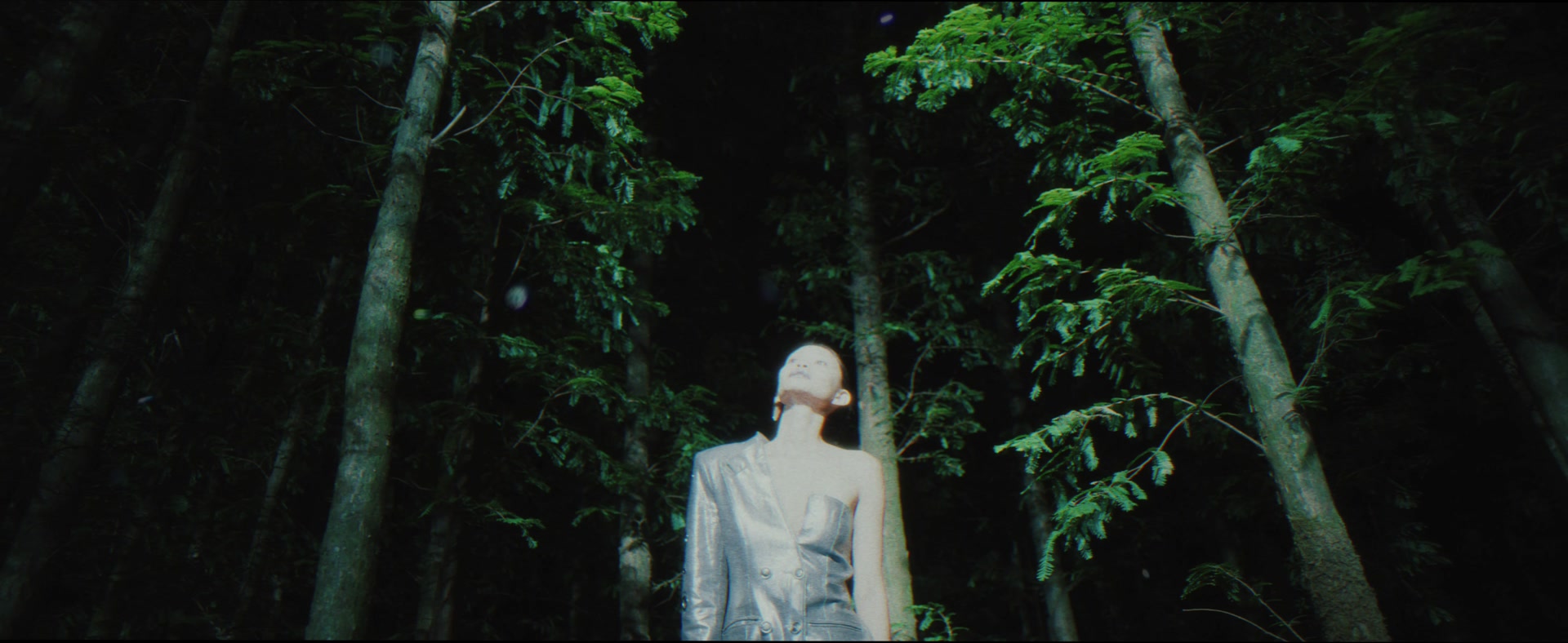 Model surrounded by forest trees