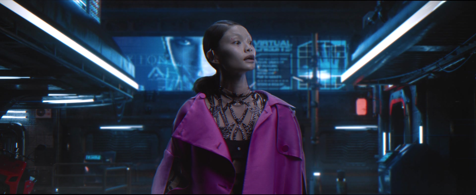 Model in pink in a virtual city