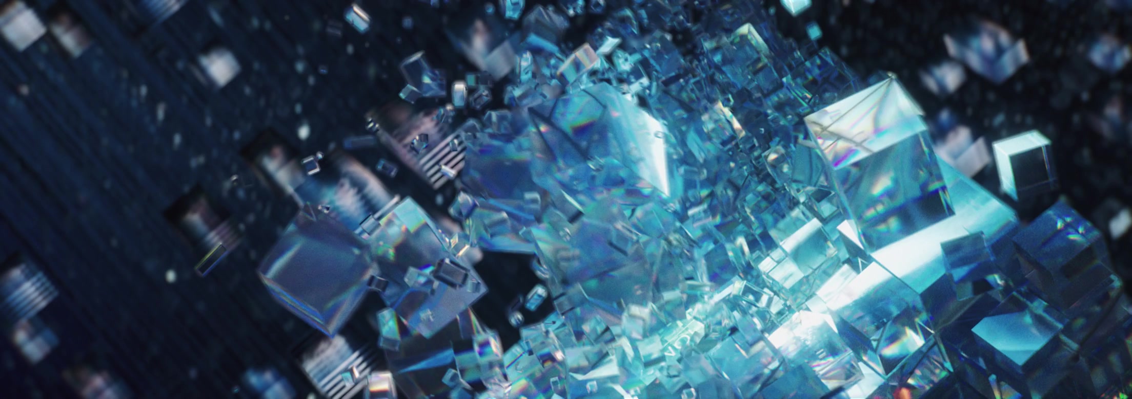An aerial view of a blue city built from floating screens and geometric blocks.