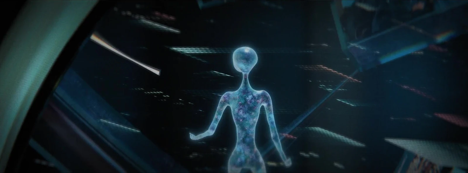 A translucent figure moves among layered screens and reflections.
