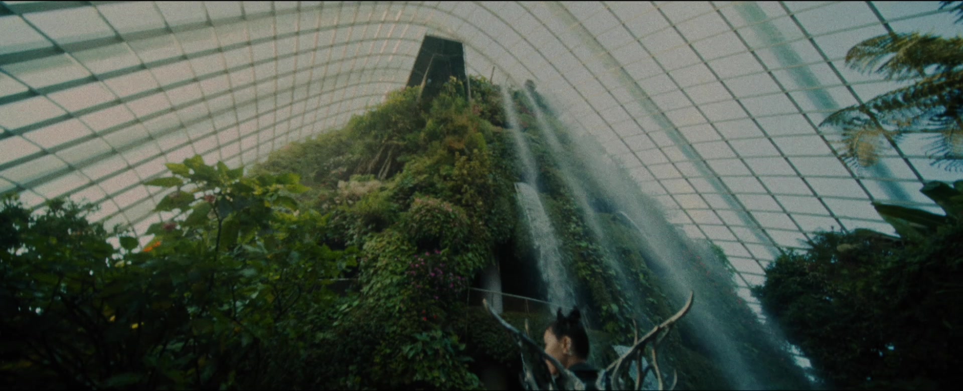Waterfall and greenery inside the Cloud Forest glass dome